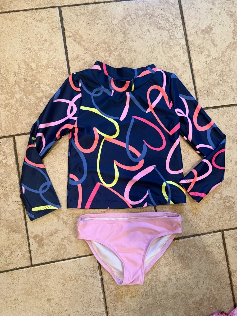 Girls Navy Long-Sleeve Heart Print Rash Guard Set with Pink Bottoms